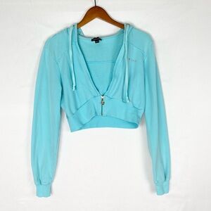 BEBE Super Crop Jacket Blue Size Large Hooded Zip Y2K